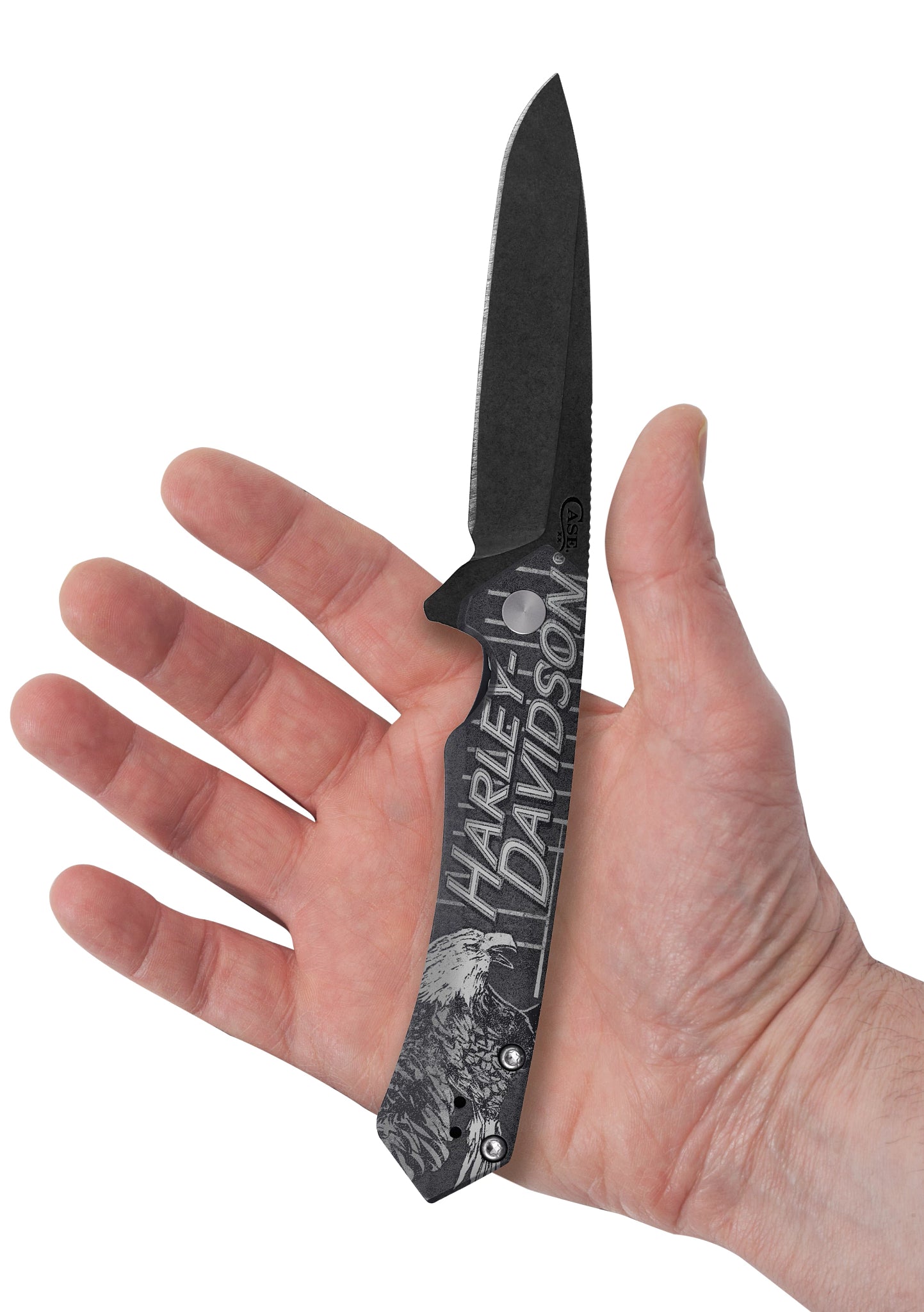 Harley Davidson® Embellished Smooth Black Anodized Aluminum Handle Kinzua in Hand