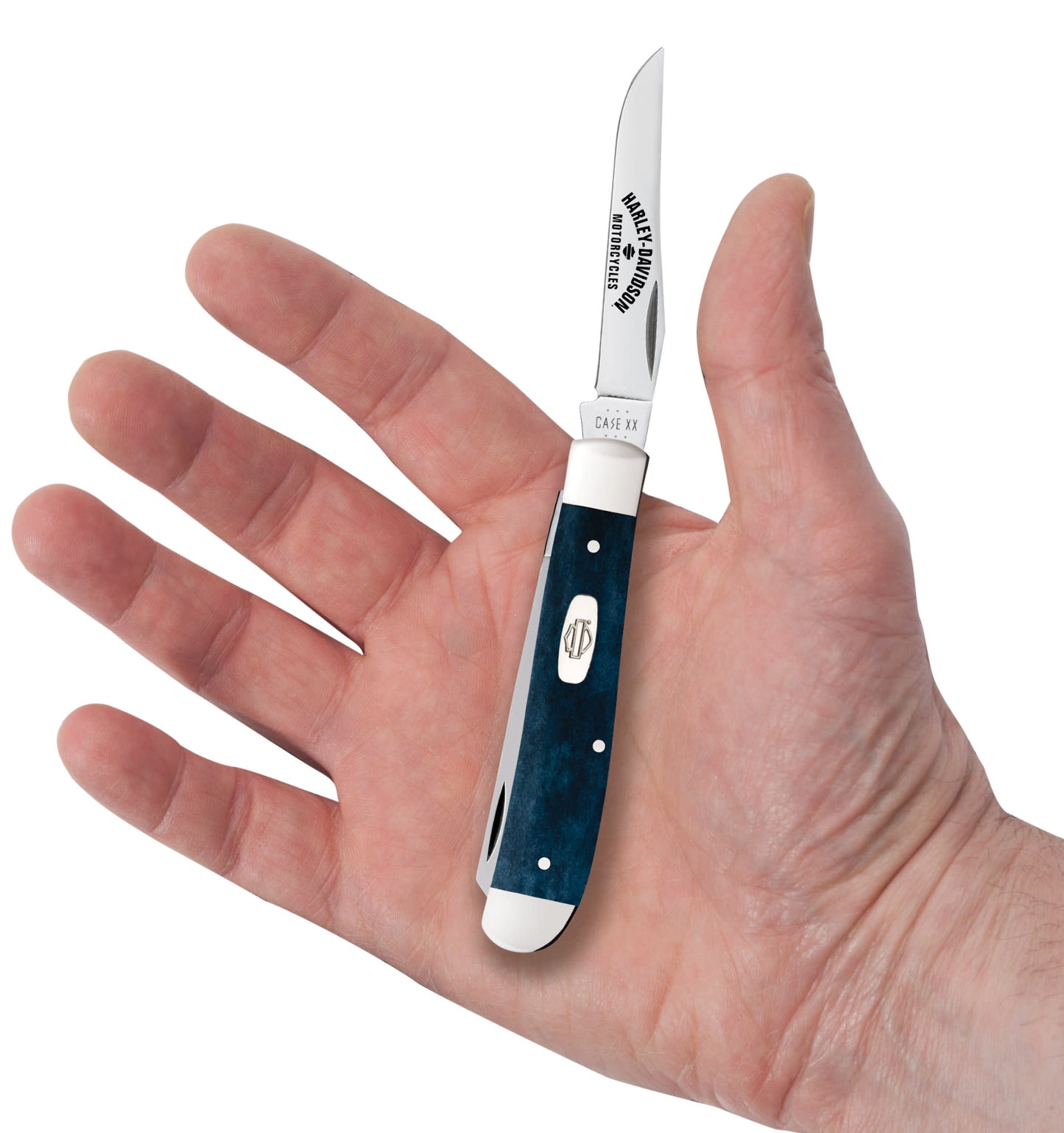 Harley-Davidson® Smooth Mediterranean Blue Bone Mini Trapper in Hand
