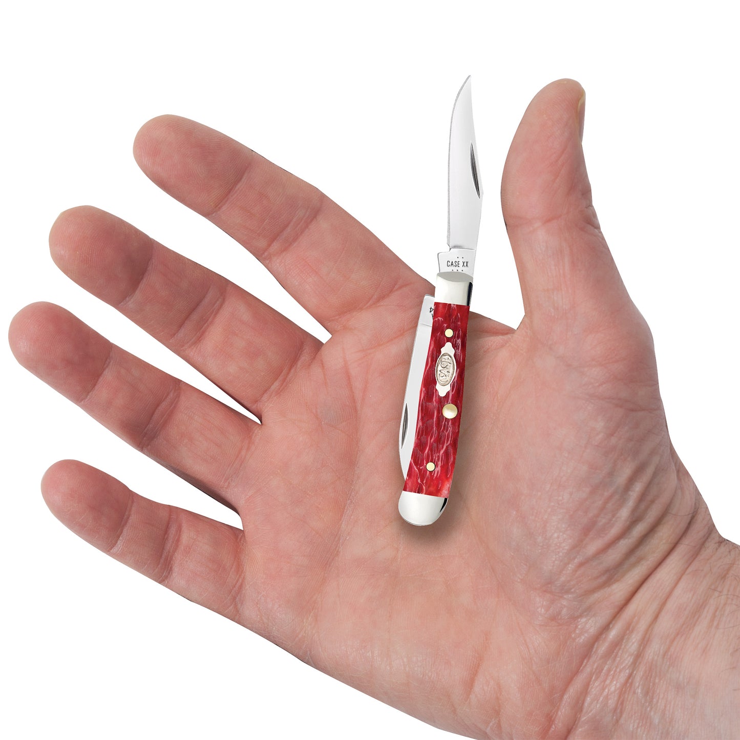 Peach Seed Jig Dark Red Bone CS Tiny Trapper in hand.