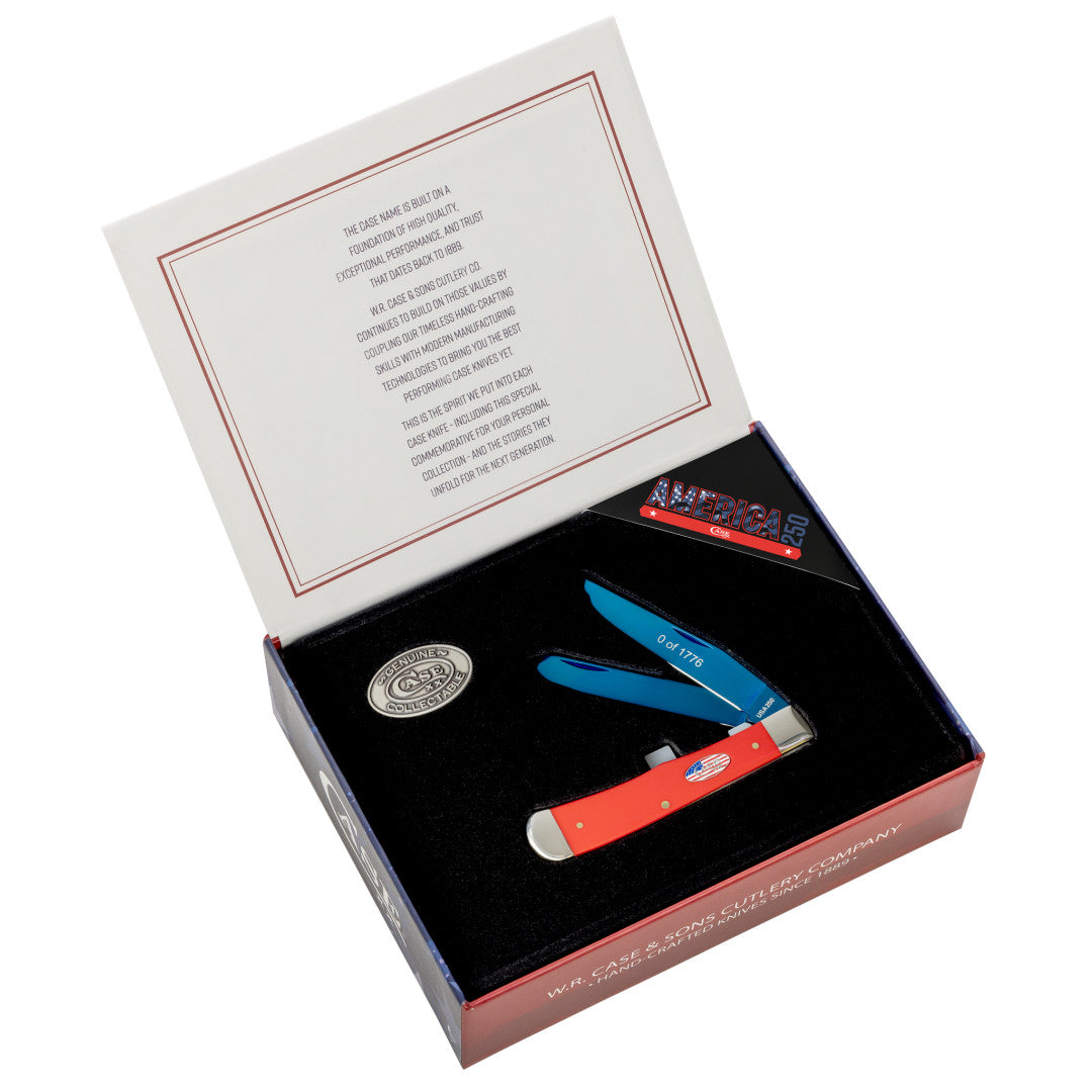 2026 USA 250 Gift Set - Smooth Red Synthetic Trapper in Cigar Box packaging with lid open