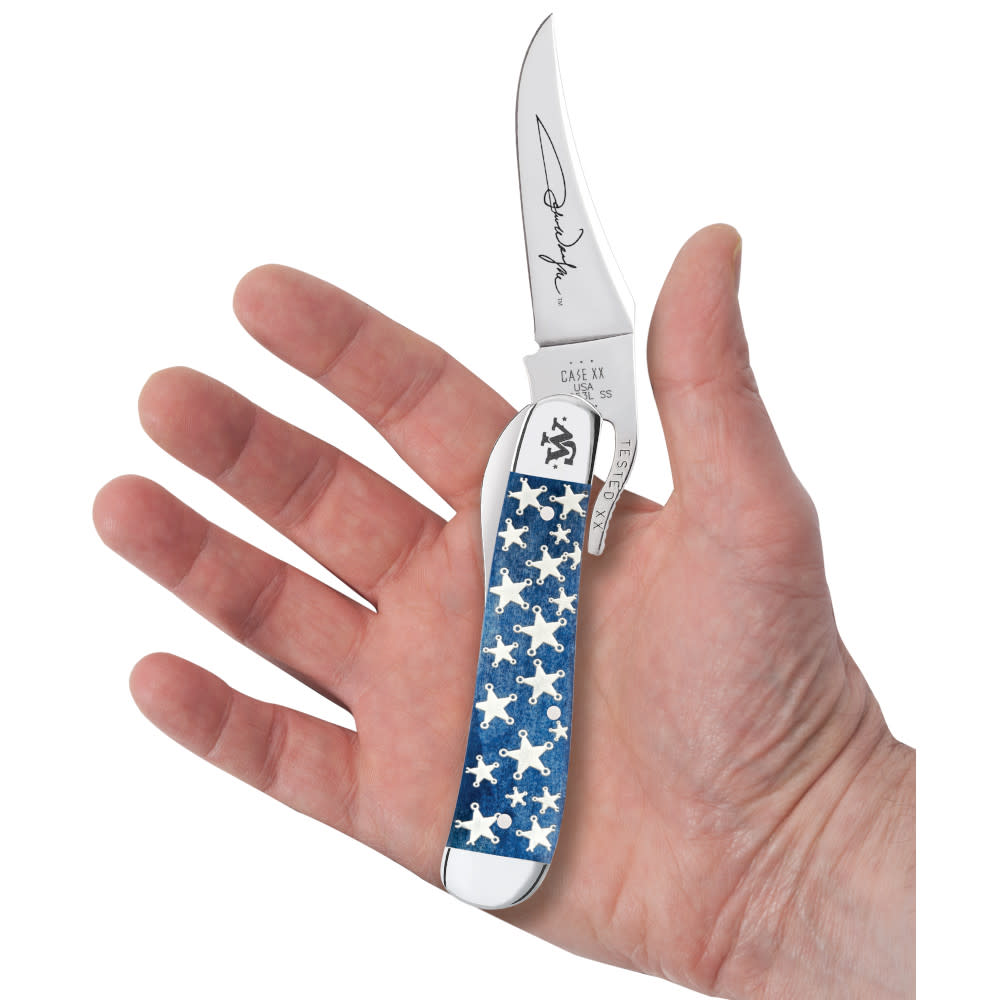 John Wayne Embellished Smooth Navy Blue Bone RussLock® Knife in Hand