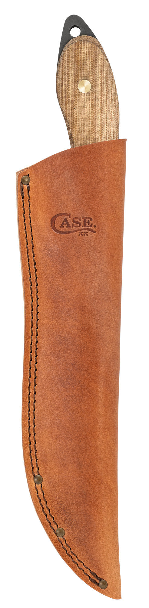 Front view of Genuine leather sheath (included) with Knife inside