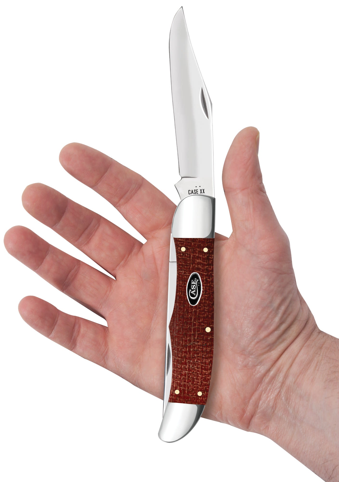 Smooth Dark Red Burlap Micarta® Folding Hunter in hand.