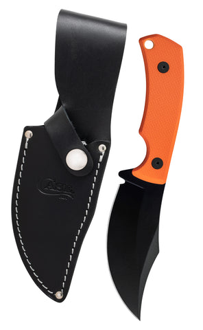Orange Textured G-10 with Hunter CT3 Embellished Leather Sheath Front View