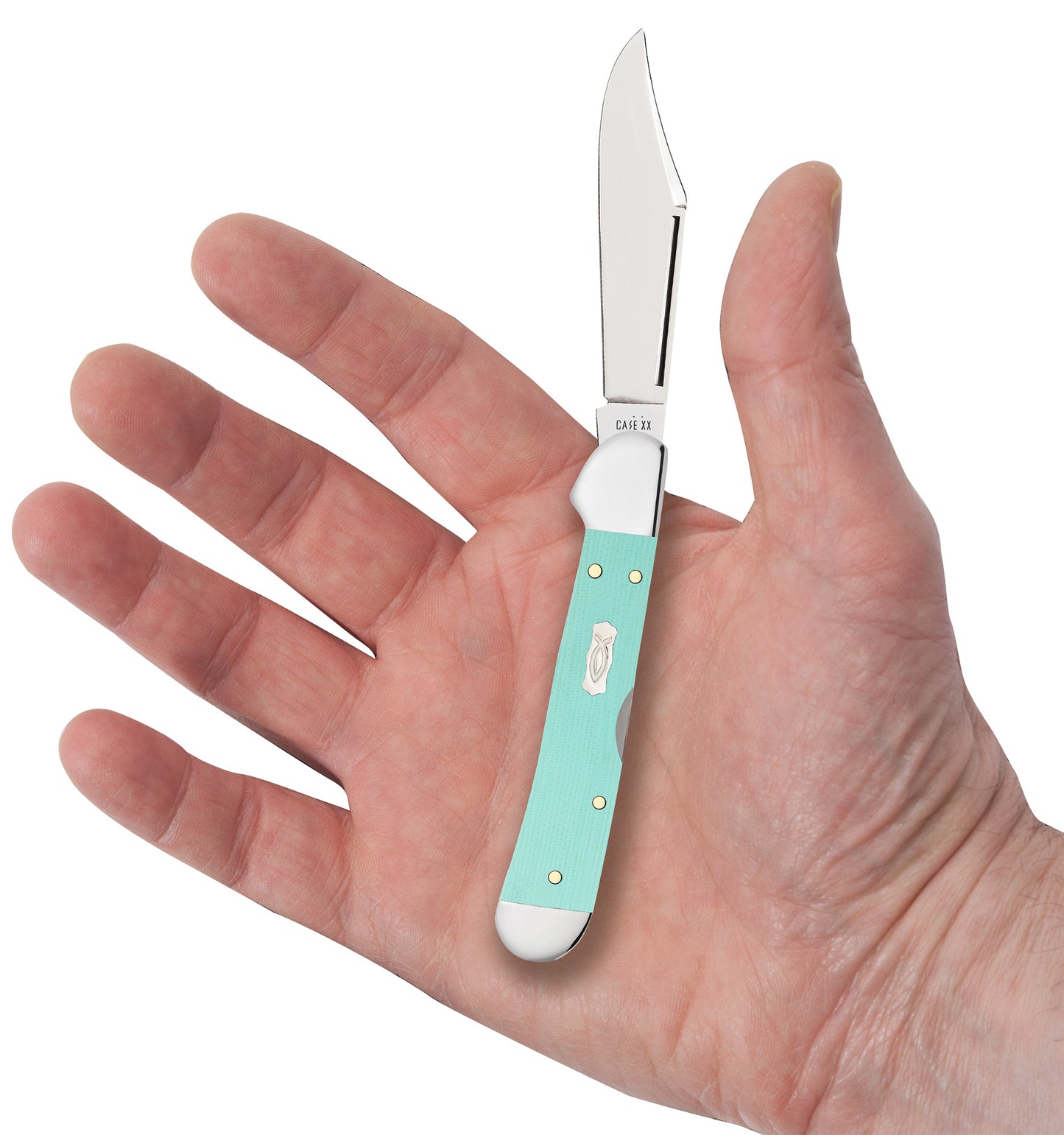 Smooth Seafoam Green G-10 Mini CopperLock® in hand.