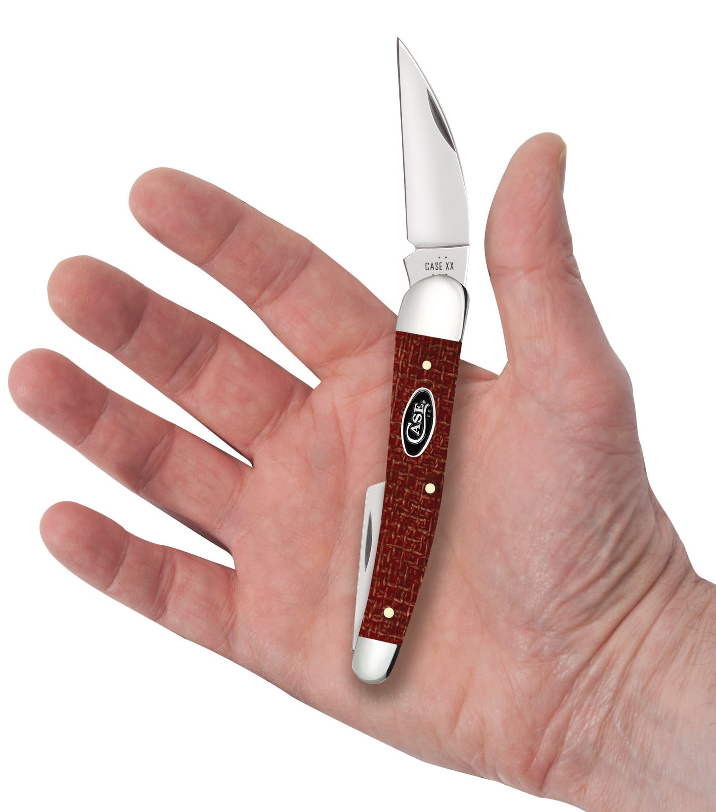 Smooth Dark Red Burlap Micarta® CS Seahorse Whittler in hand.