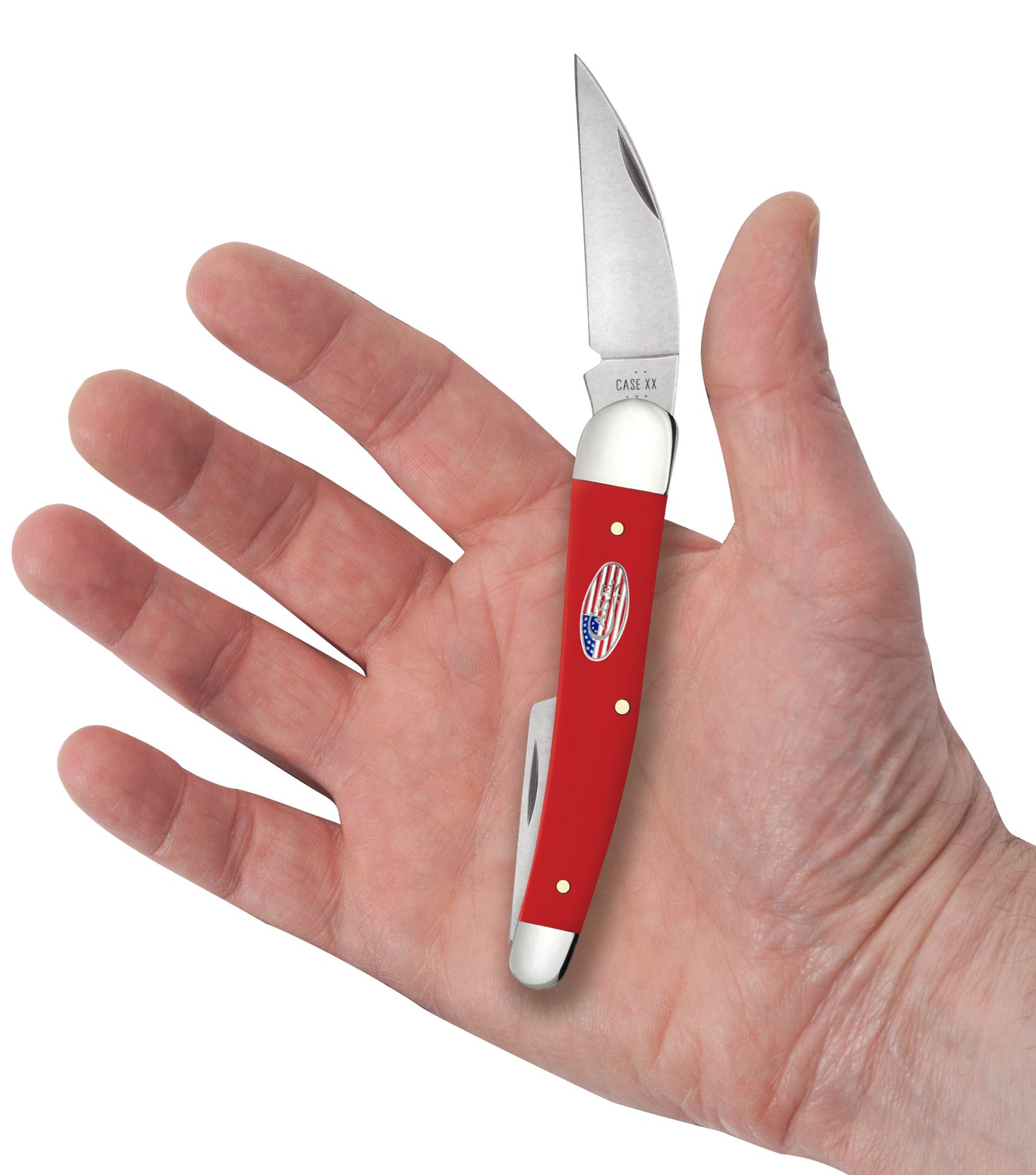 Smooth Red Synthetic American Workman CS Seahorse Whittler in hand.