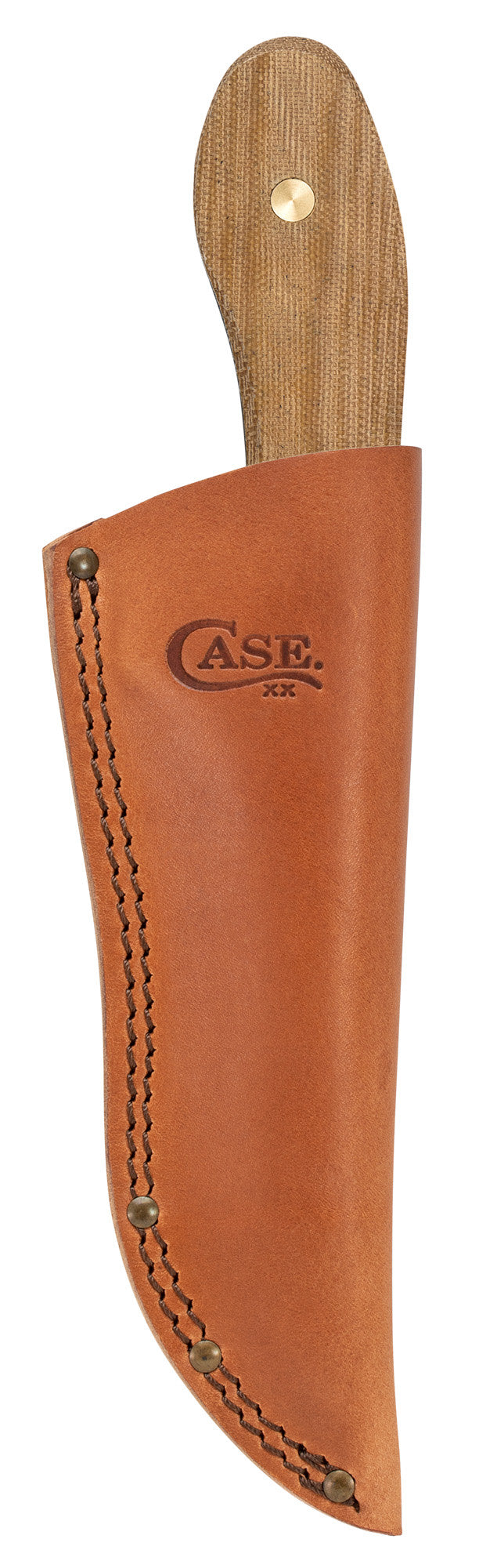 Front view of Genuine leather sheath (included) with Knife inside