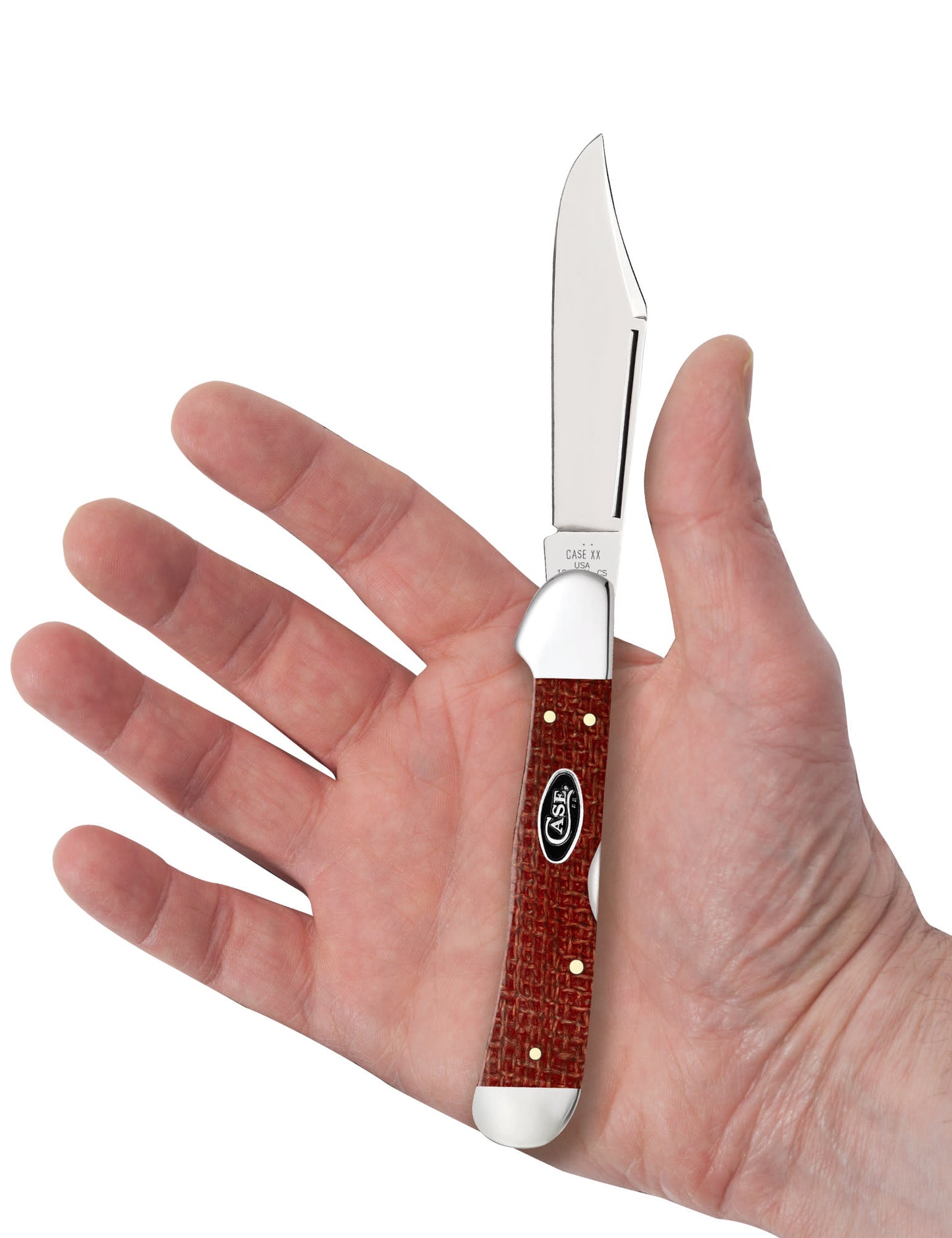 Smooth Dark Red Burlap Micarta® CS CopperLock® in hand.
