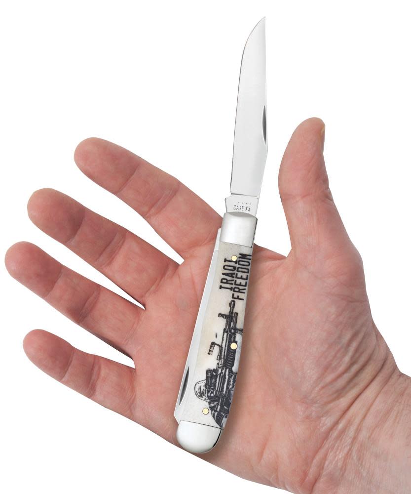 War Series Iraqi Freedom Embellished Smooth Natural Bone Trapper Knife in Hand