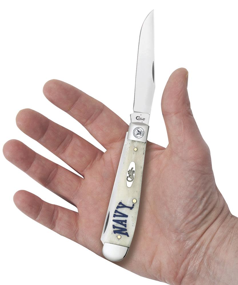 U.S. Navy® Embellished Smooth Natural Bone Trapper Knife in Hand