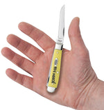 Religious Sayings Embellished Yellow Synthetic Mini Trapper Knife in Hand