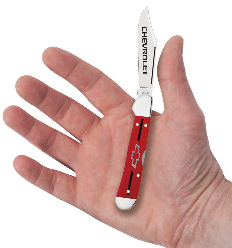 Chevrolet® Embellished Red Synthetic Smooth Mini CopperLock® Knife in Hand