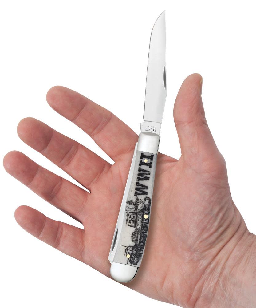 War Series WWII Embellished Smooth Natural Bone Trapper Knife in Hand