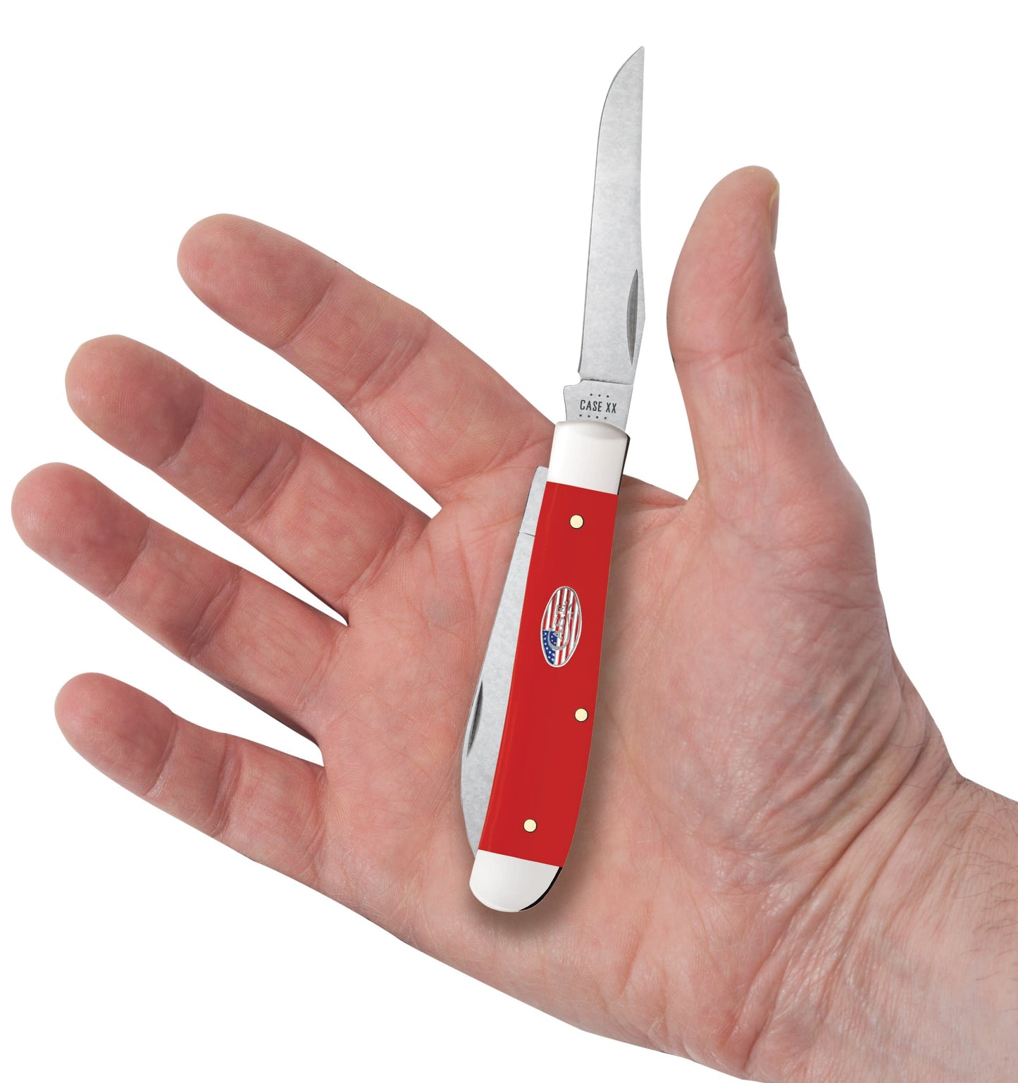American Workman Smooth Red Synthetic CS Mini Trapper Knife in Hand