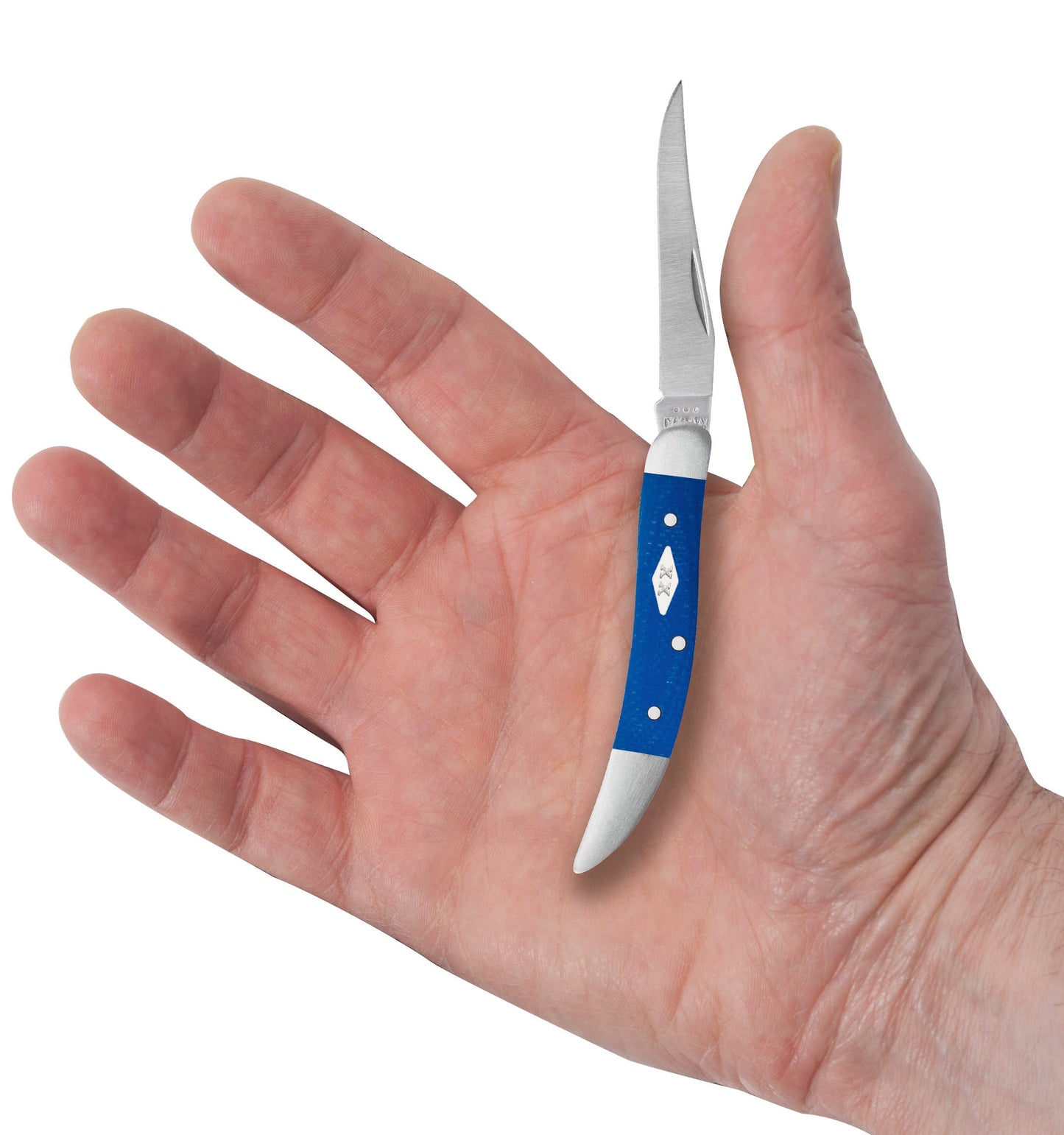 Smooth Blue G-10 Small Texas Toothpick Knife in Hand