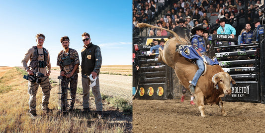 Two panel image with three team members from Gone All Season, and then Nashville Stampede with a man riding a horse at a rodeo.