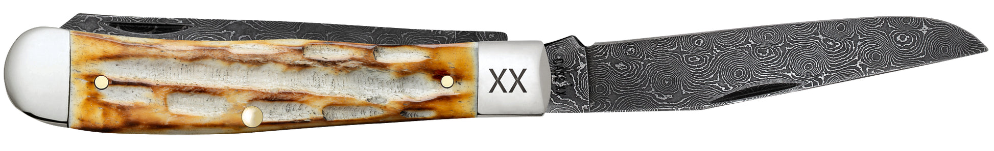 Deep Canyon Jigged Burnt Natural Bone Raindrop Damascus Trapper Open