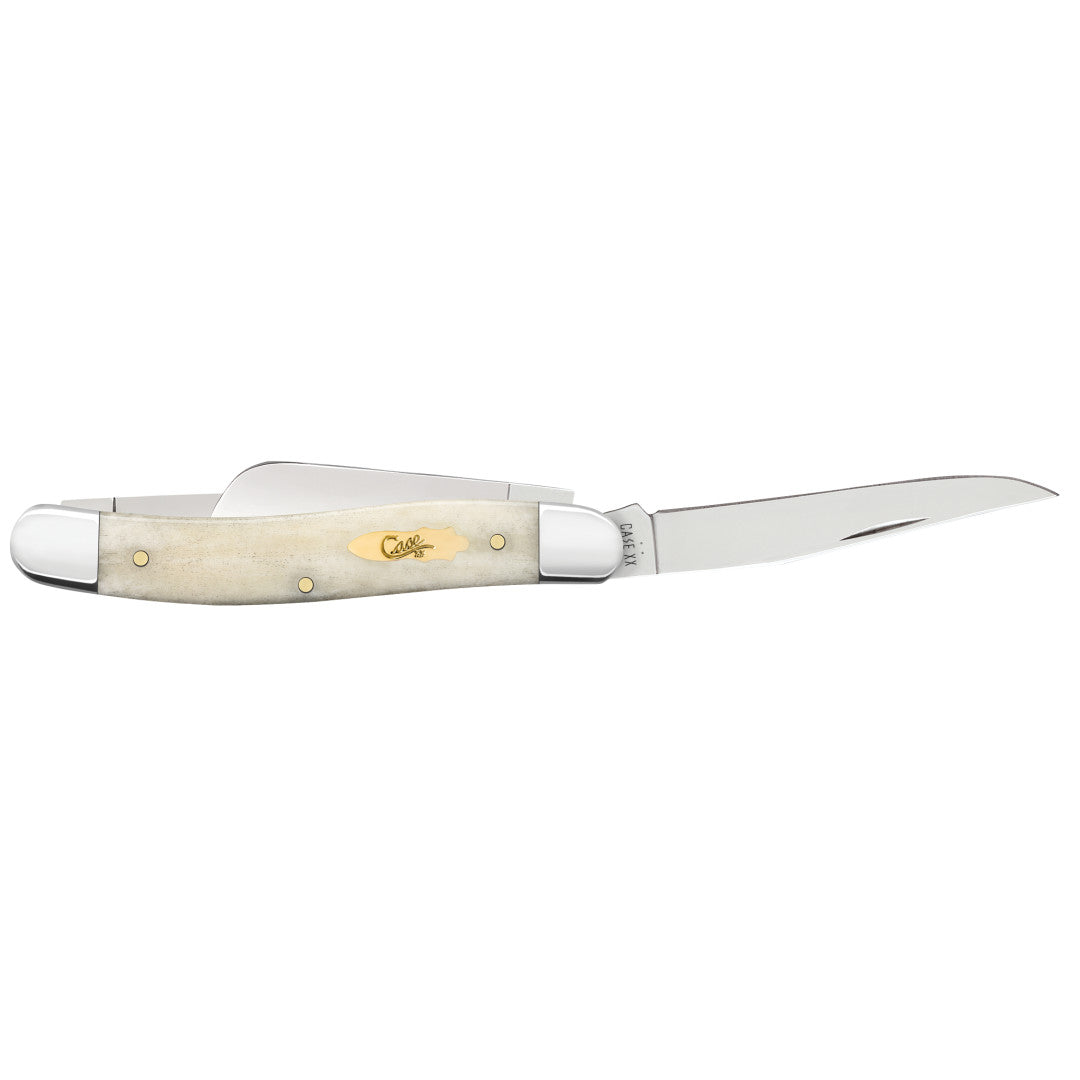 Smooth Natural Bone Medium Stockman - Brass Bomb Shield Open