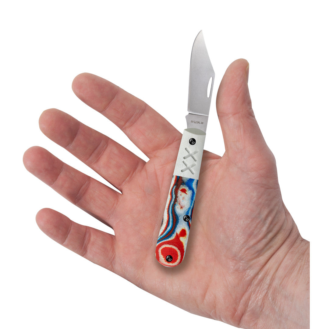 Crossroads™ Smooth Red/White/Blue Burl G-10 w/ White G-10 Barlow in Hand