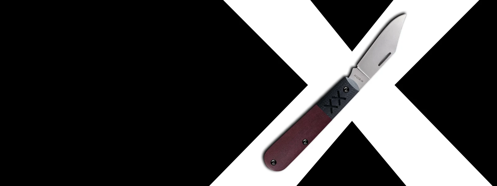 A Case knife with a silver stainless steel blade and a textured handle, presented diagonally on a high-contrast black and white graphic background.
