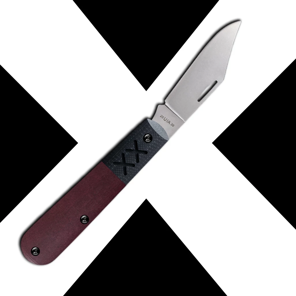 A Case knife with a silver stainless steel blade and a textured handle, presented diagonally on a high-contrast black and white graphic background.