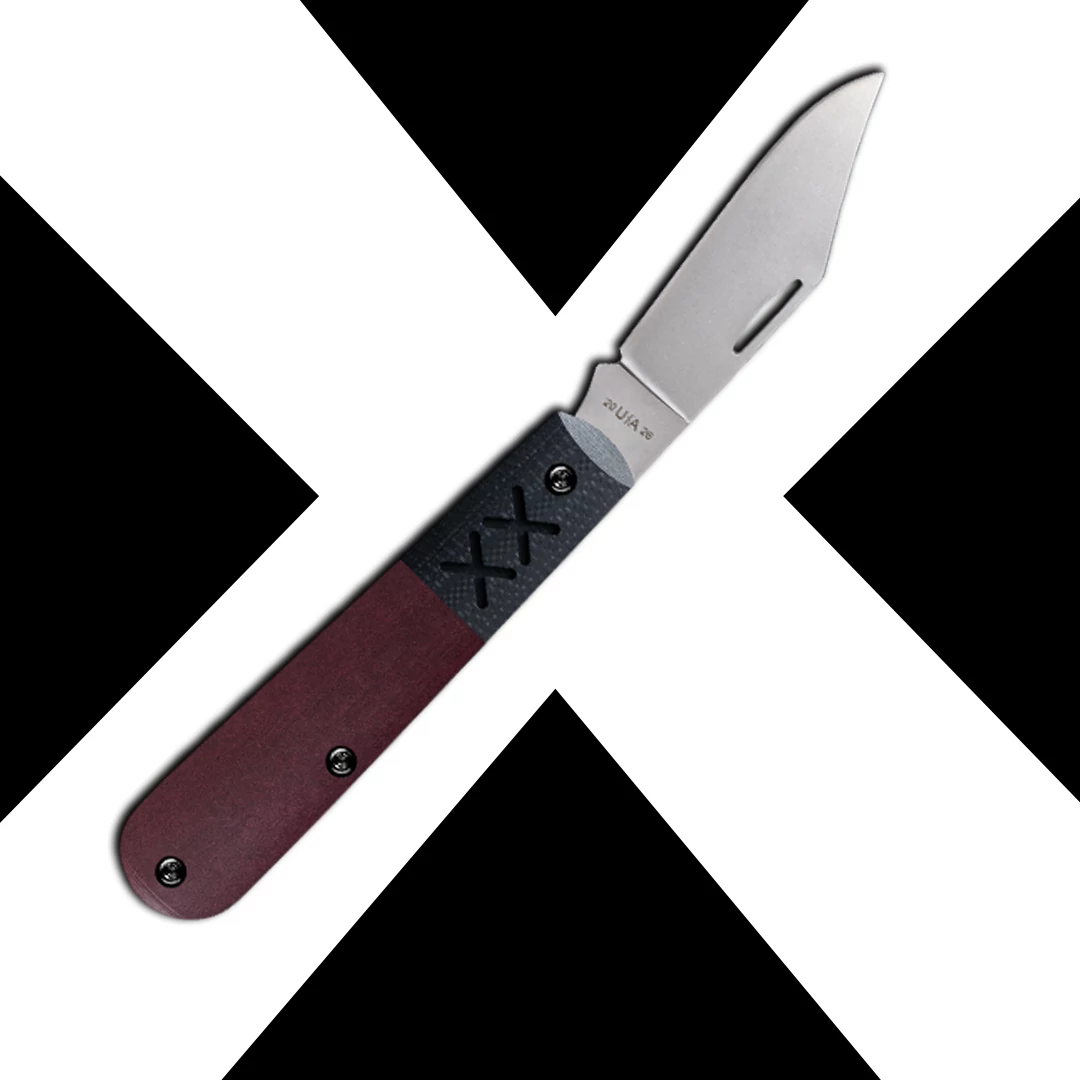 A Case knife with a silver stainless steel blade and a textured handle, presented diagonally on a high-contrast black and white graphic background.