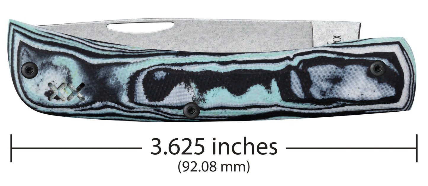 CROSSROADS SERIES - Seafoam Green Burl G-10 - Smooth Sod Buster® Jr (XR10137C S35VN) Dimensions