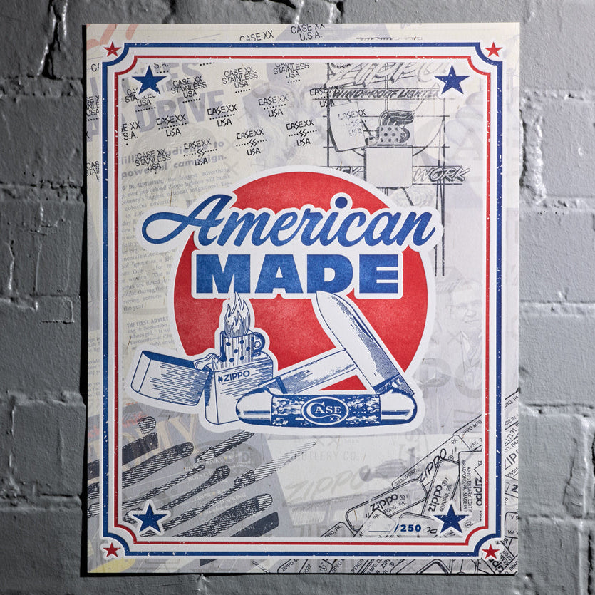 Poster with 'American Made' text and graphics on a gray brick wall