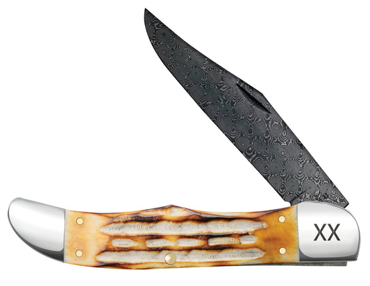 Deep Canyon Jigged Burnt Natural Bone Raindrop Damascus Folding Hunter Front View