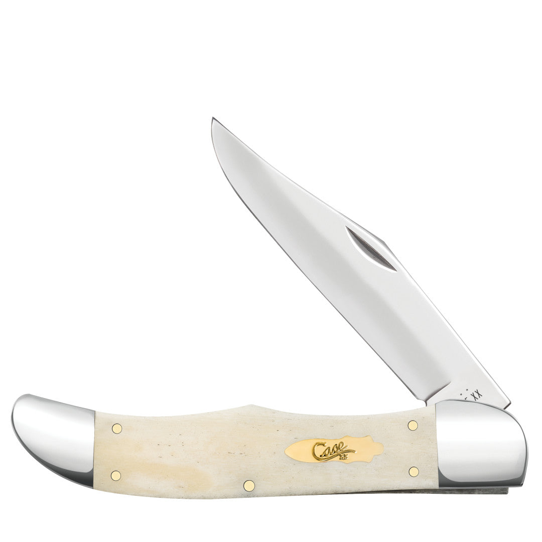 Smooth Natural Bone Folding Hunter - Brass Bomb Shield Front View