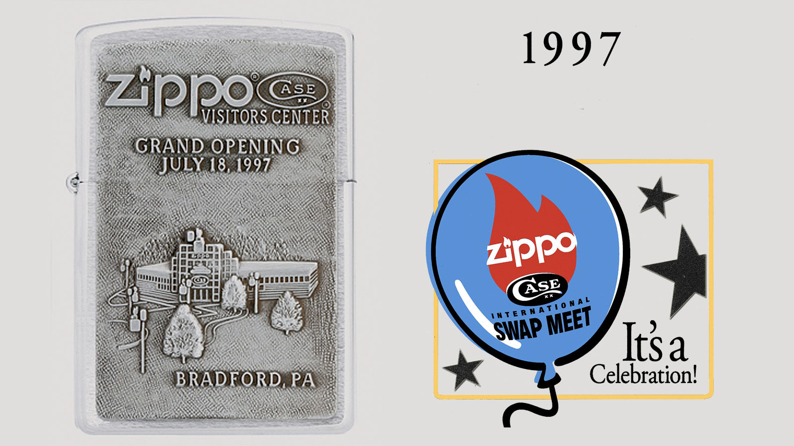 A Zippo lighter with a 1997 Grand Opening engraving on the front, shown next to a circular Zippo 1997 International Swap Meet balloon graphic on a light gray background.