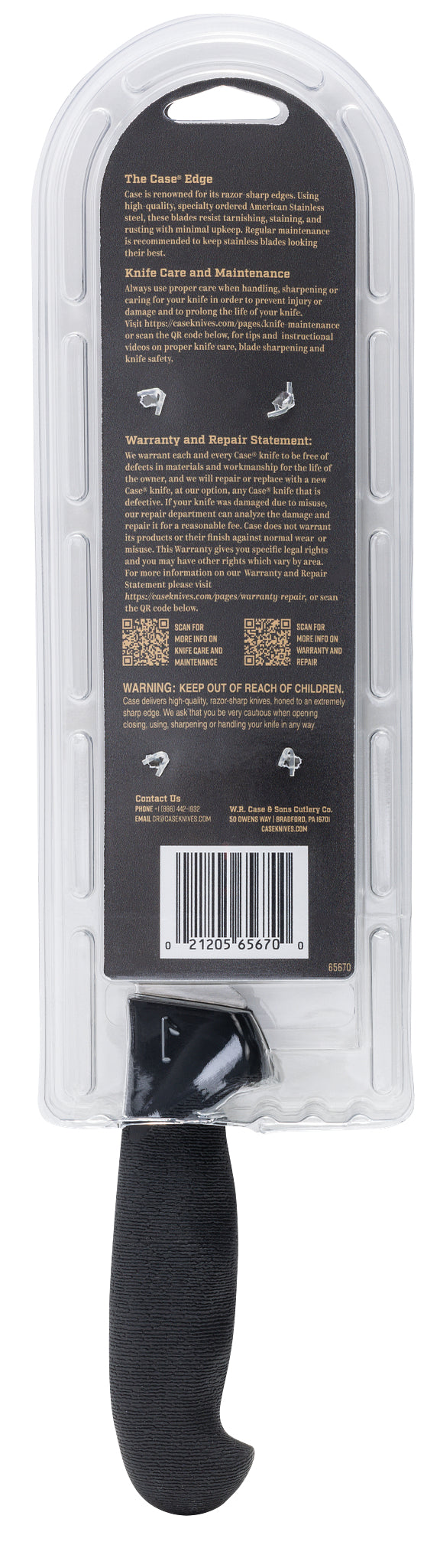 Back view of 6 in Black Fillet Knife in Clam in its packaging.