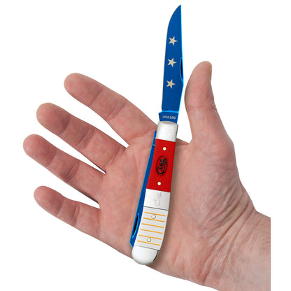 2026 USA 250 Gift Set - Smooth White & Red Synthetic Center Bolstered Trapper w/ Lighter in Cigar Box  in Hand
