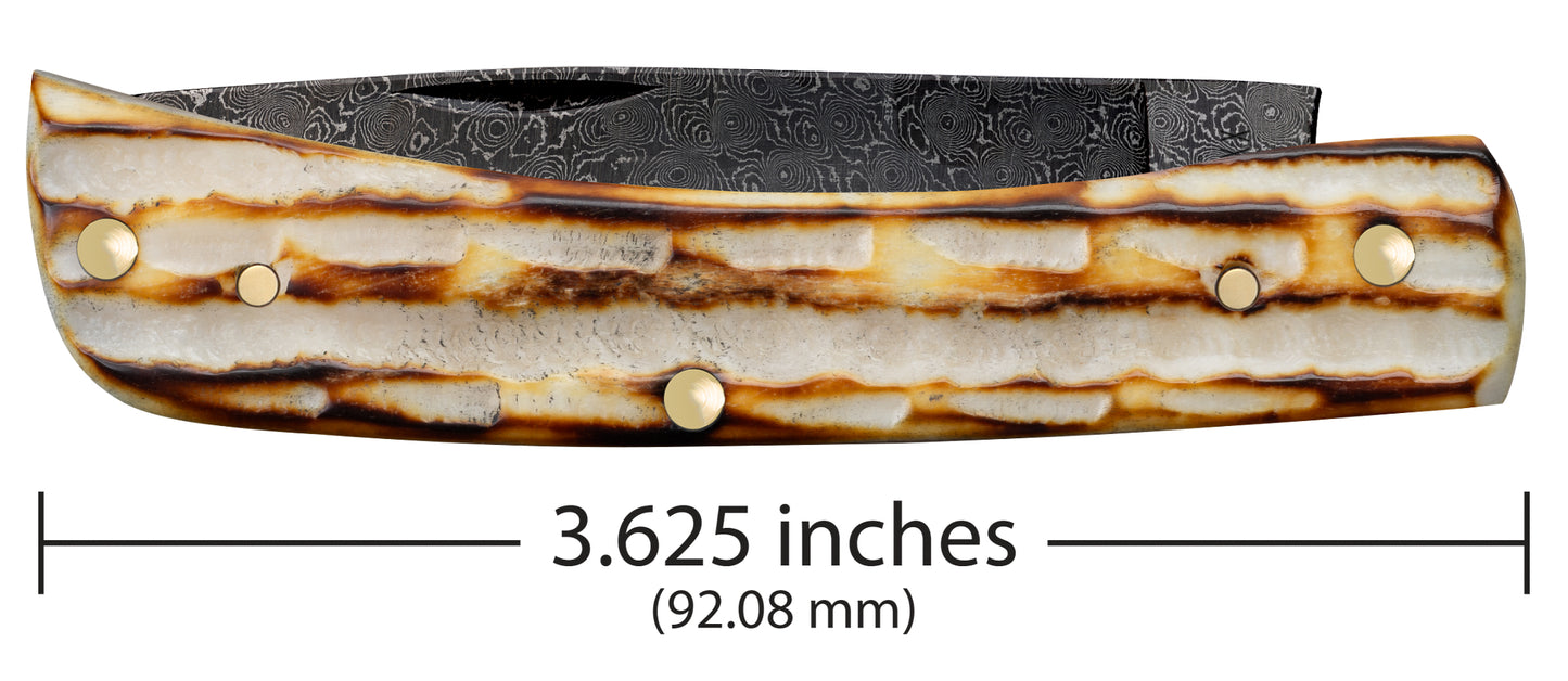 Deep Canyon Jigged Burnt Natural Bone Raindrop Damascus Sod Buster Jr Dimensions