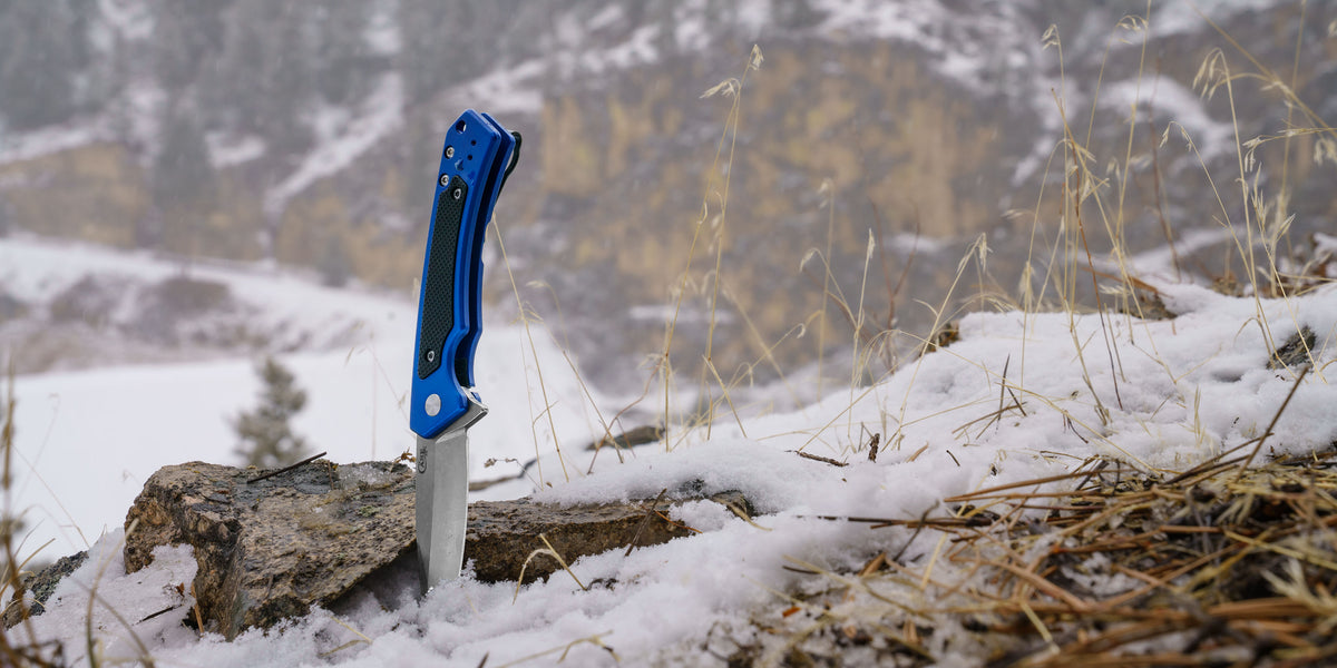 A folding pocket knife with a blue handle and silver blade is stuck into a snowy log outdoors, with a blurred mountain landscape in the background.