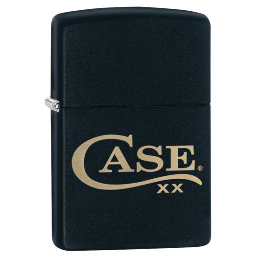Front shot of Zippo® Case Logo Black Matte Lighter standing at a 3/4 angle