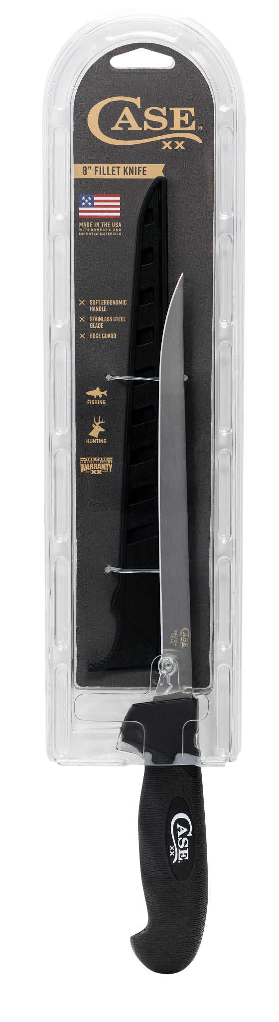 Front view of 8 in Black Fillet Knife in Clam in its packaging.