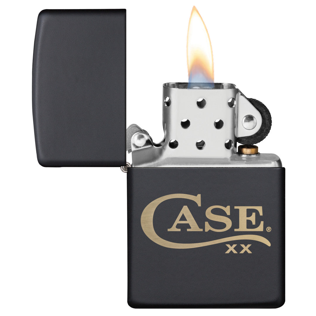 Zippo® Case Logo Black Matte Lighter with its lid open and lit