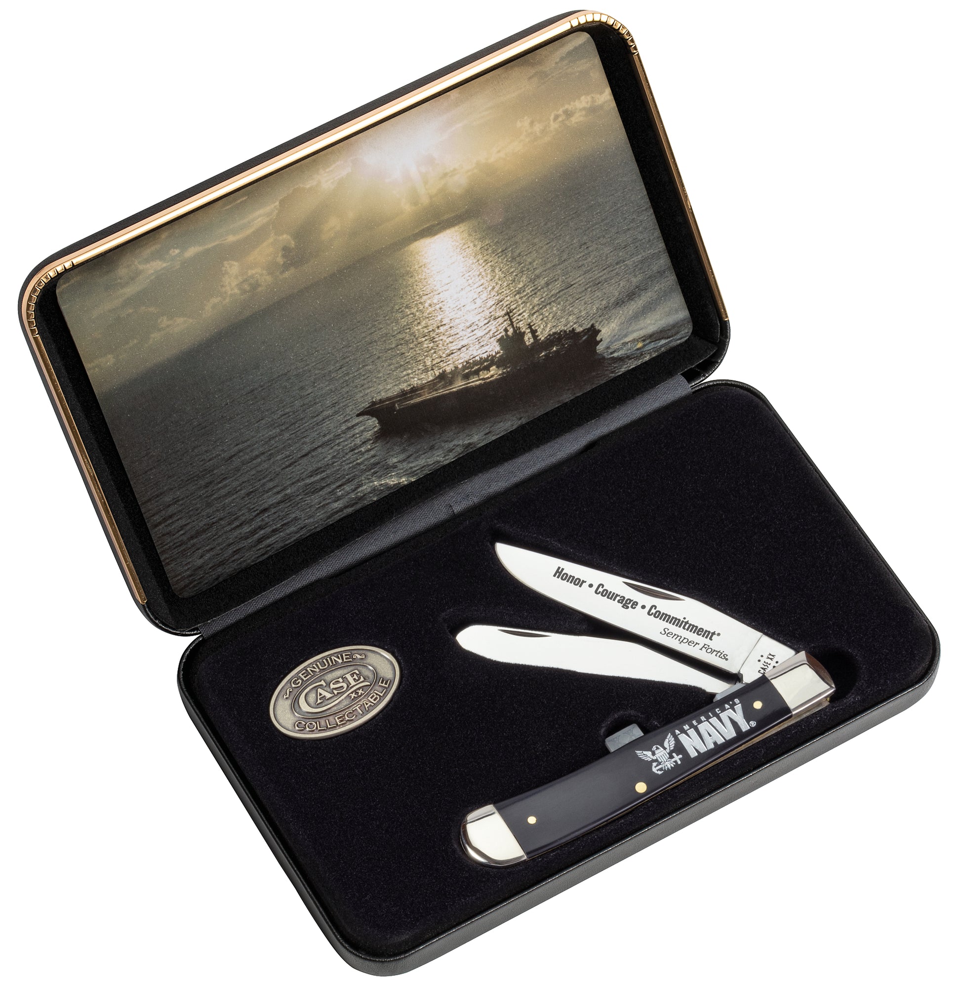 US Navy® Embellished Smooth Black Synthetic Trapper Gift Set  in Packaging with Lid Open