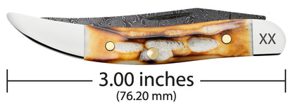 Deep Canyon Jigged Burnt Natural Bone Raindrop Damascus Small Texas Toothpick Dimensions