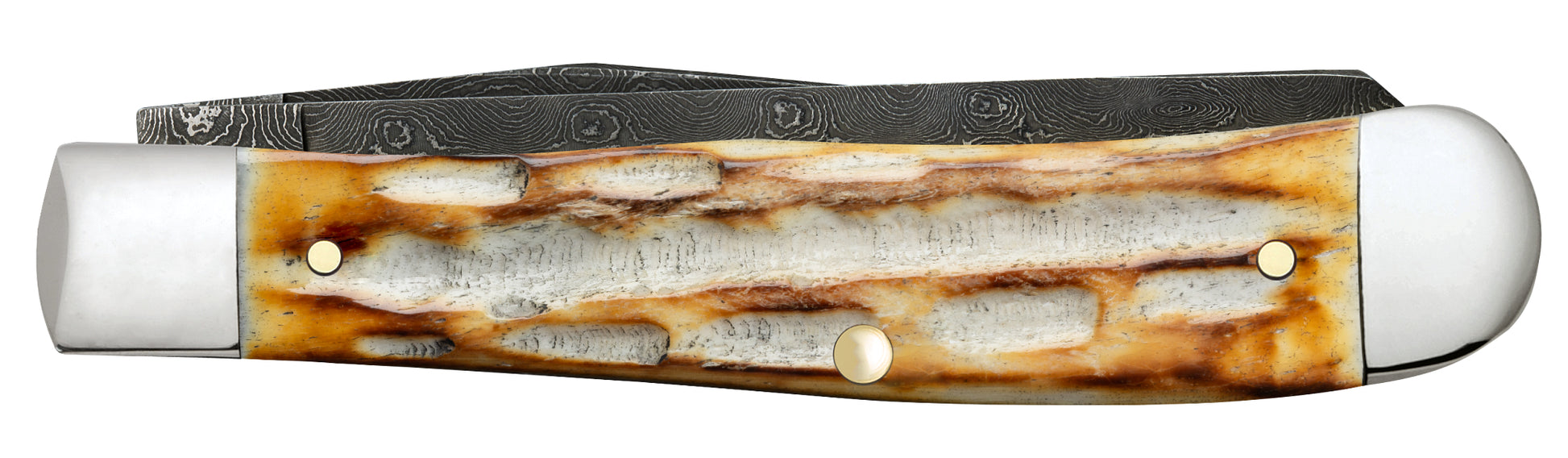 Deep Canyon Jigged Burnt Natural Bone Raindrop Damascus Trapper Closed