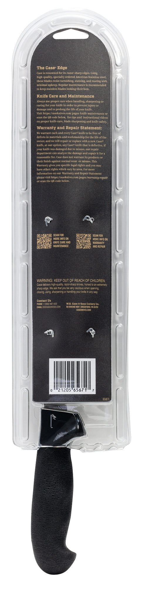 Back view of 8 in Black Fillet Knife in Clam in its packaging.