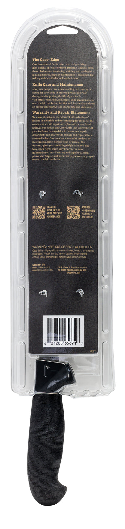 Back view of 8 in Black Fillet Knife in Clam in its packaging.