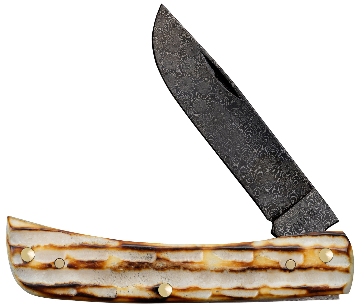 Deep Canyon Jigged Burnt Natural Bone Raindrop Damascus Sod Buster Jr Front View