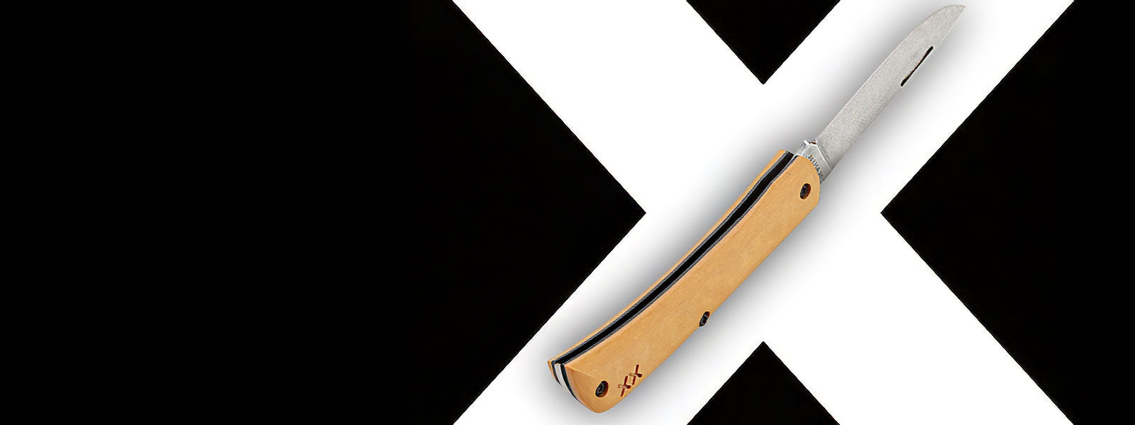 Case knife with wooden handle on a black and white crosshatch background