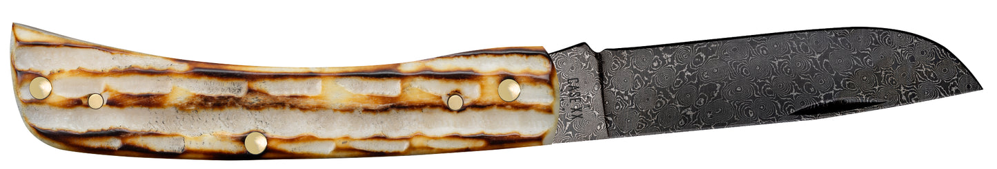 Deep Canyon Jigged Burnt Natural Bone Raindrop Damascus Sod Buster Jr Open