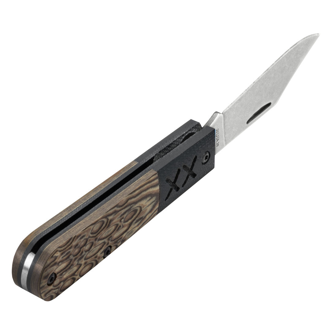 Top view of Crossroads™ Fossil Jig Luna Richlite® w/Black G-10 XR Barlow Open at an angle