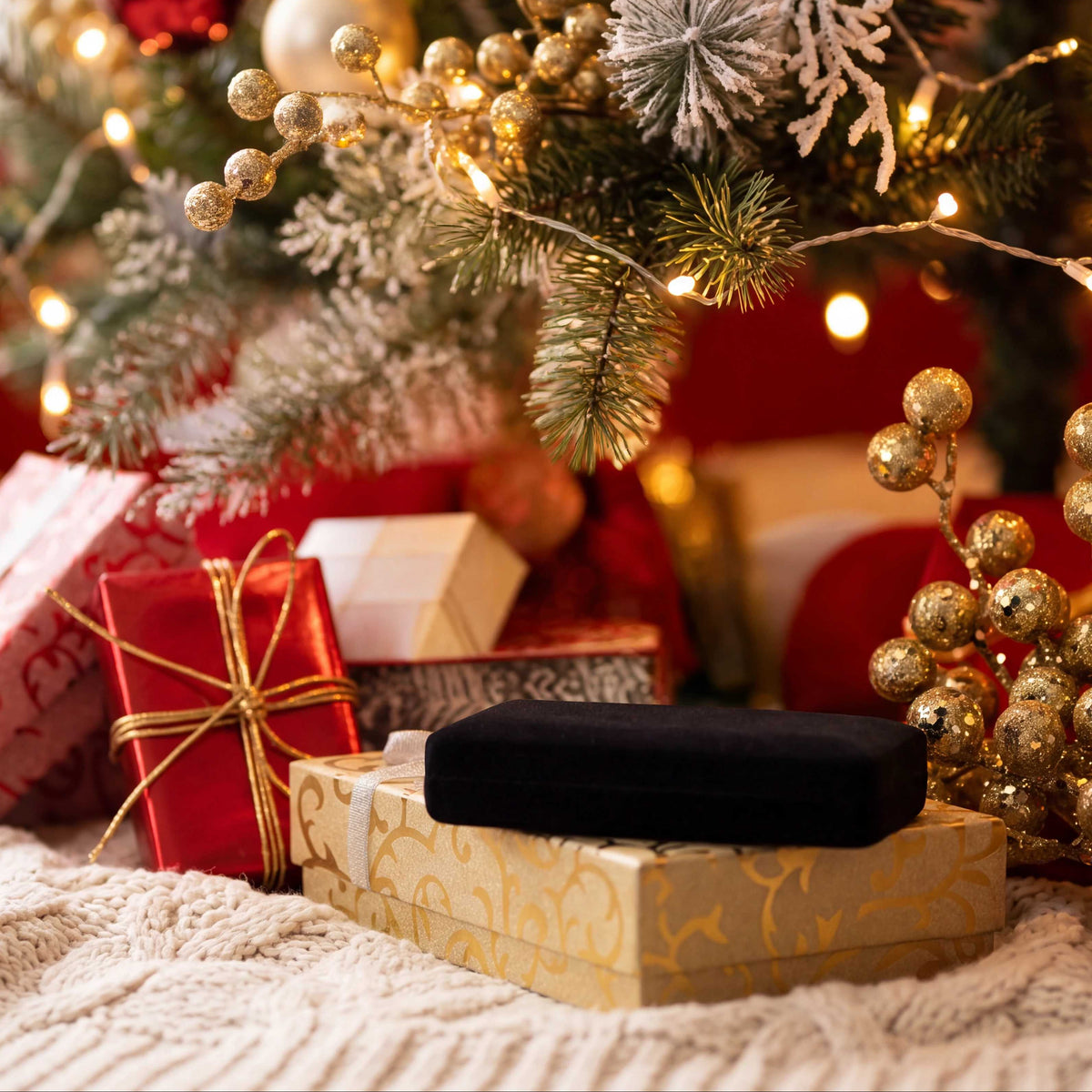 Small wrapped gifts under a Christmas tree.