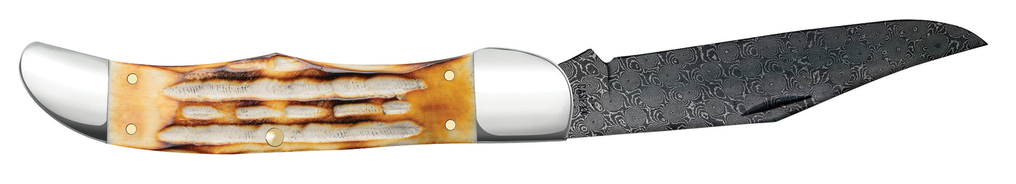 Deep Canyon Jigged Burnt Natural Bone Raindrop Damascus Folding Hunter Open